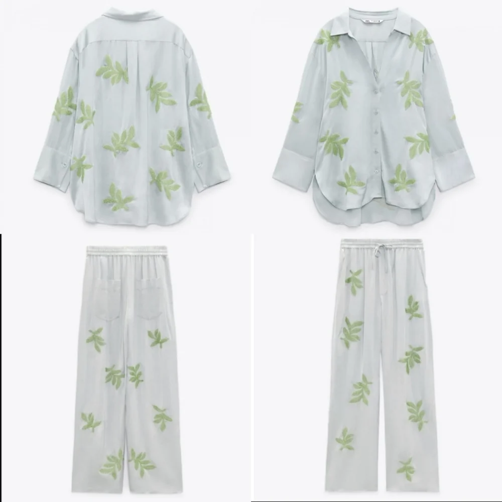 ZARA Set 2 pc Embroided Beaded Leaf Wide Satin Pants and Top size S